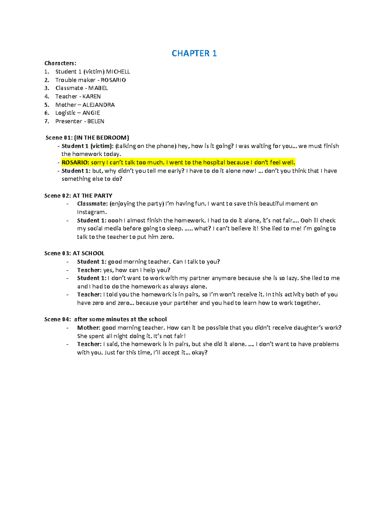 ROLE PLAY - script - CHAPTER 1 Characters: Student 1 (victim) MICHELL ...