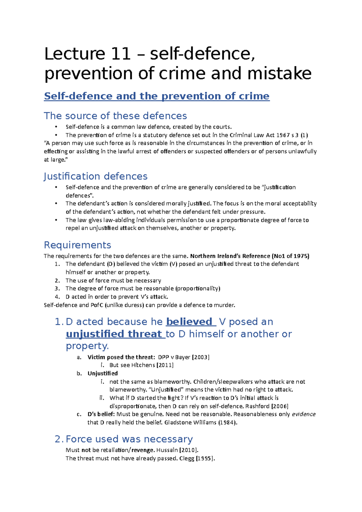 Lecture 11 – self-defence, prevention of crime and mistake - The ...