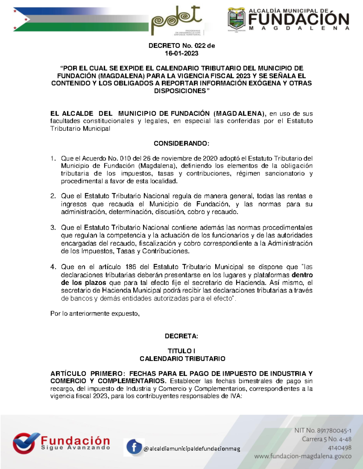 Decreto Calendario Trubutario 2023 - DECRETO No. 022 De 16-01- “POR EL ...