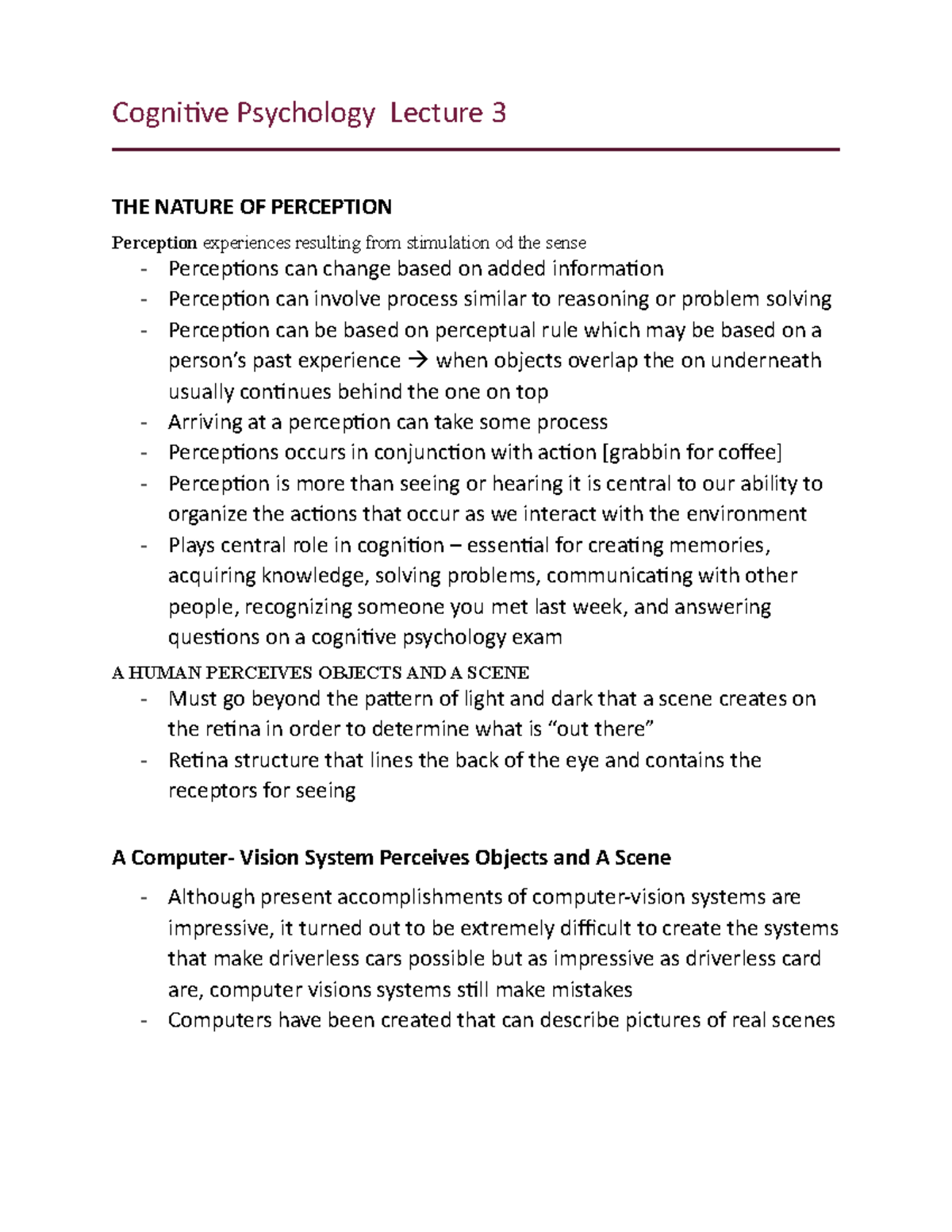 Cognitive Psychology Lecture 3 2700 notes - Cognitive Psychology ...