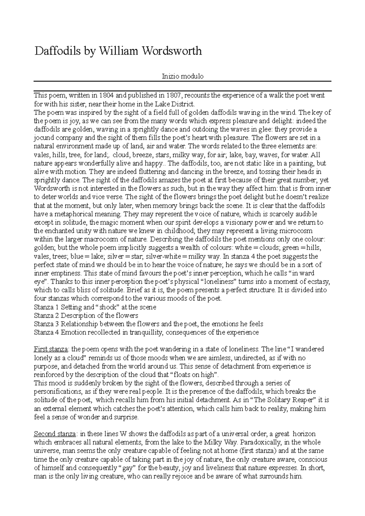 Daffodils analisi riassunto Daffodils by William Wordsworth Inizio