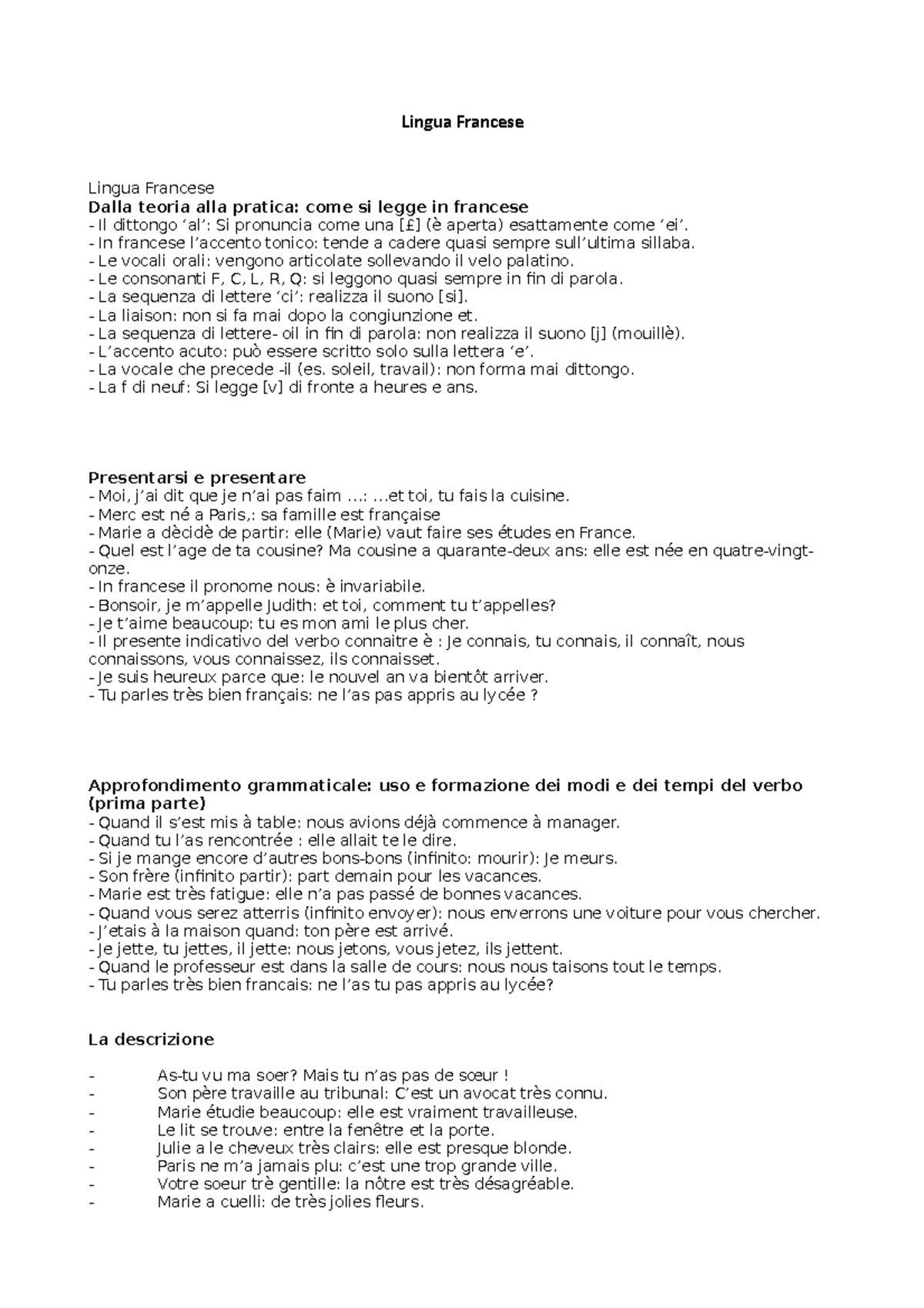 Lingua Francese test fine corso Lingua Francese Lingua Francese Dalla