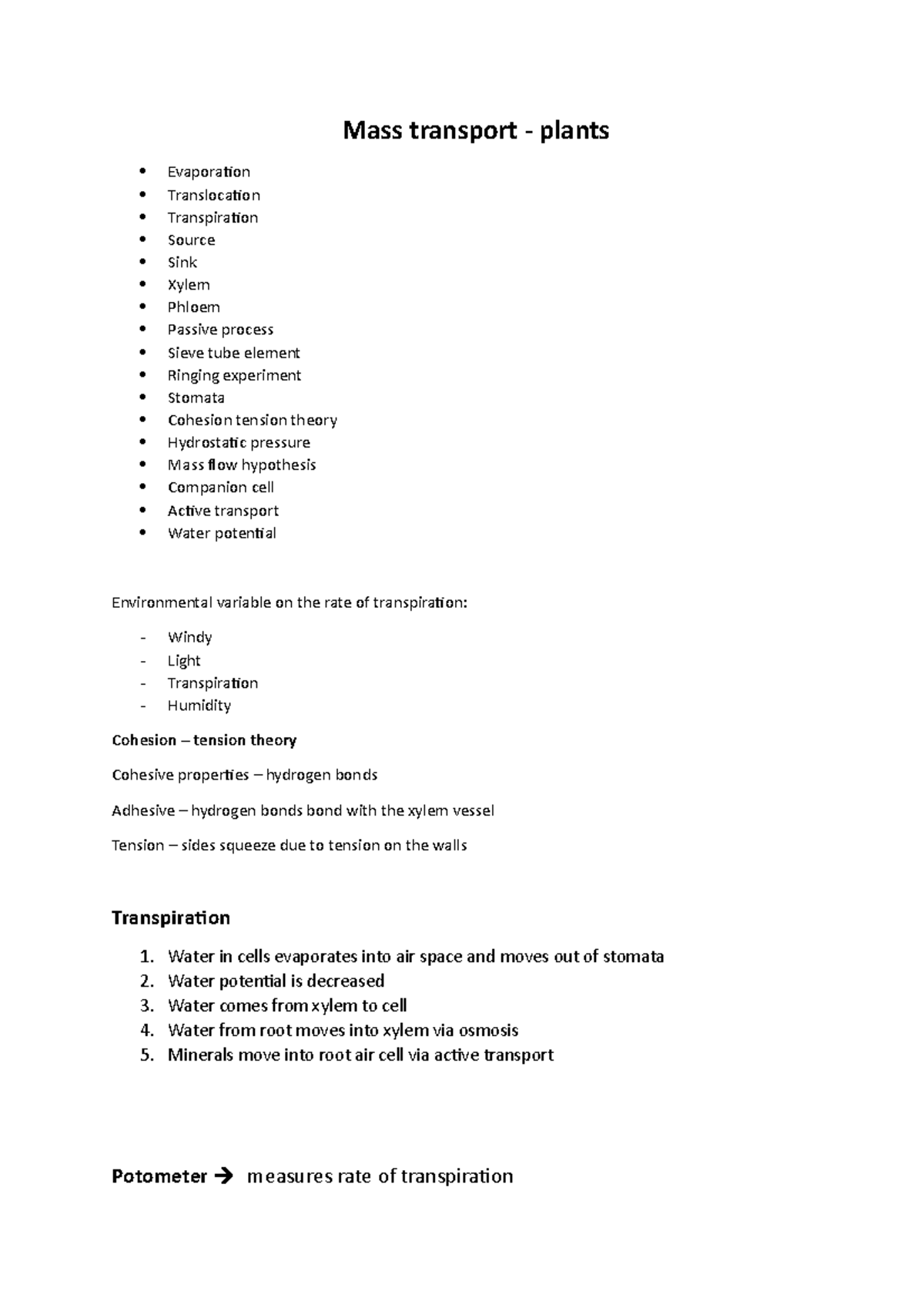 Mass transport plants Water in cells evaporates into air space and