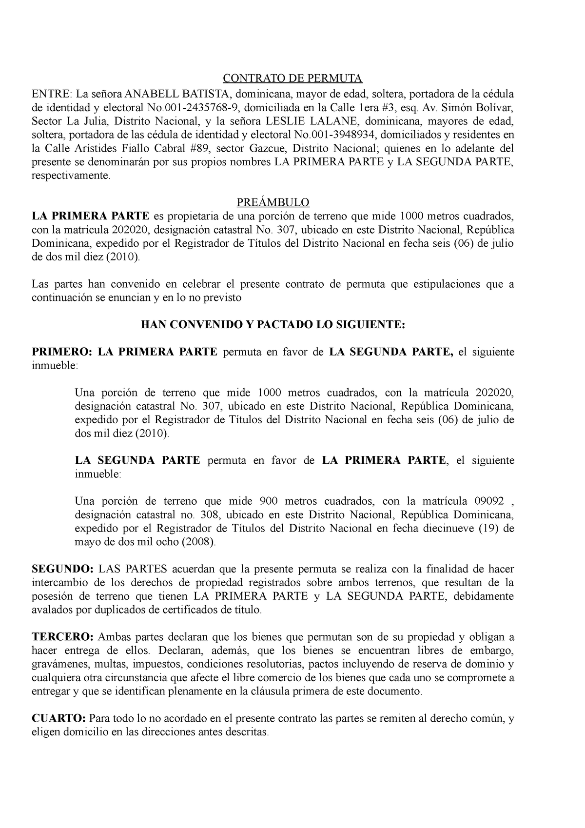 Contrato De Permuta Contrato De Permuta Entre La Señora Anabell Batista Dominicana Mayor De 1153