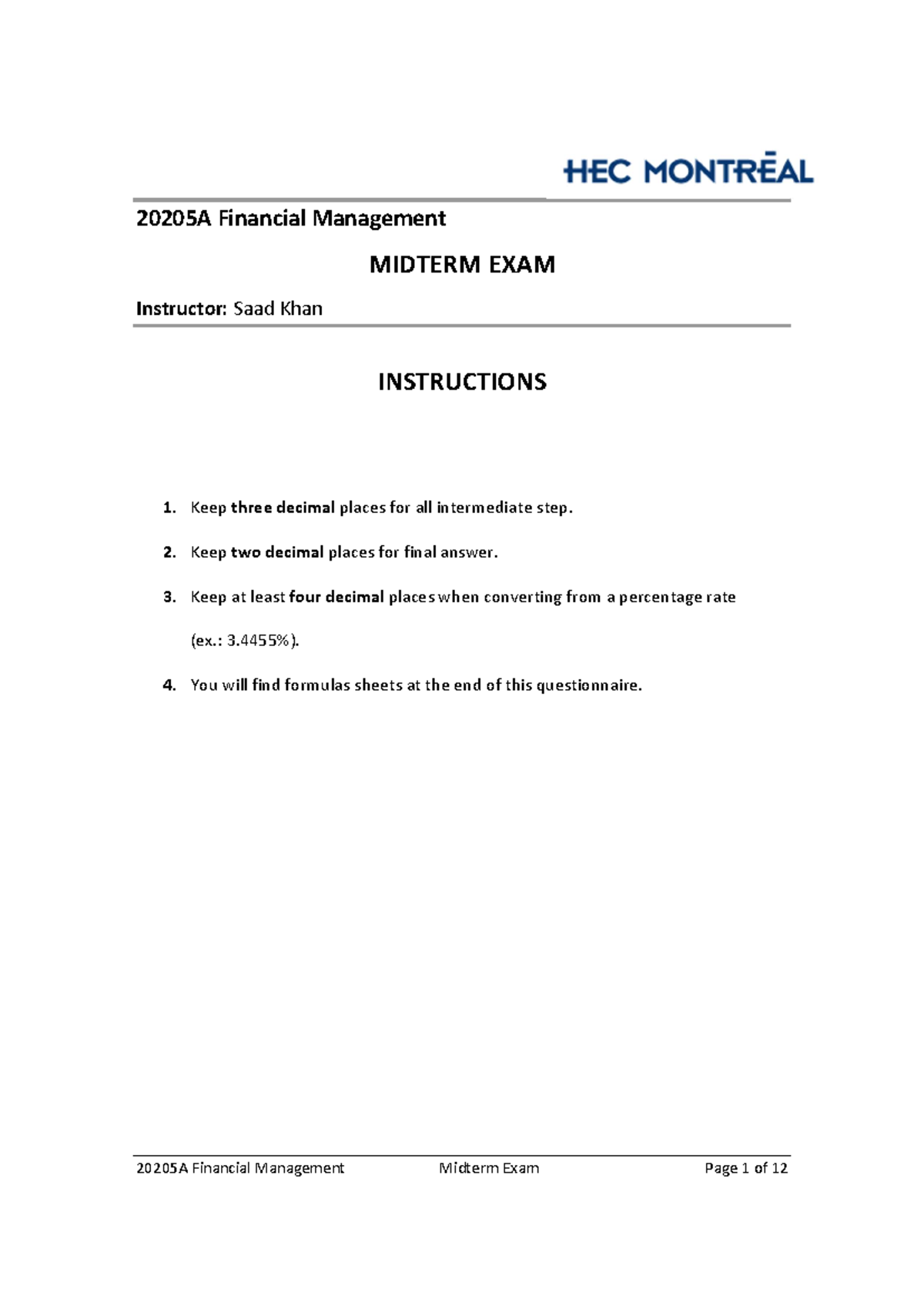 20205 A Midterm - 20205A Financial Management MIDTERM EXAM Instructor ...