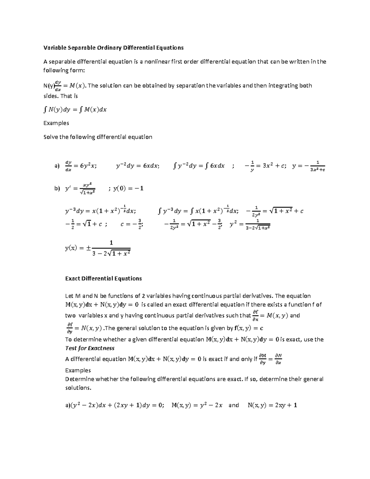 Variable Separable Ordinary Differential Equations maths 31 - Variable ...