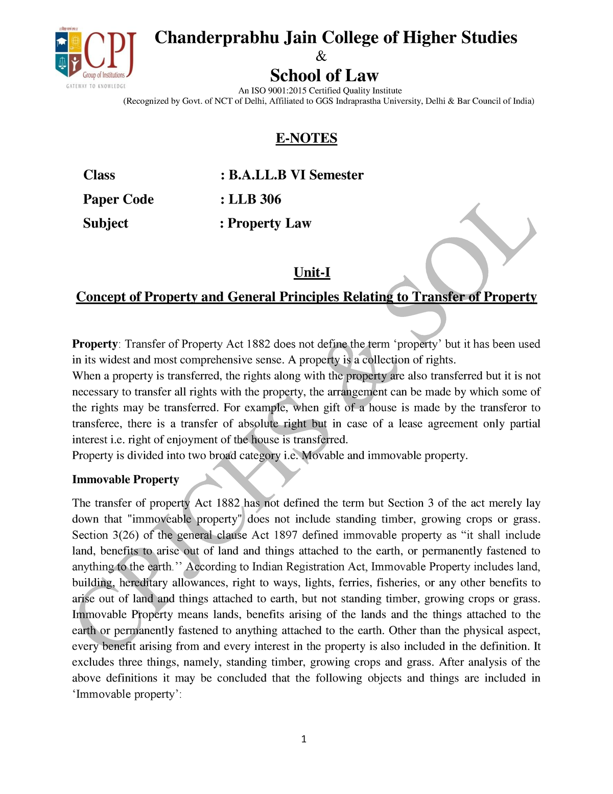 Unit-1-Property Law-E-Notes- Ballb - & School of Law An ISO 9001:2015 ...