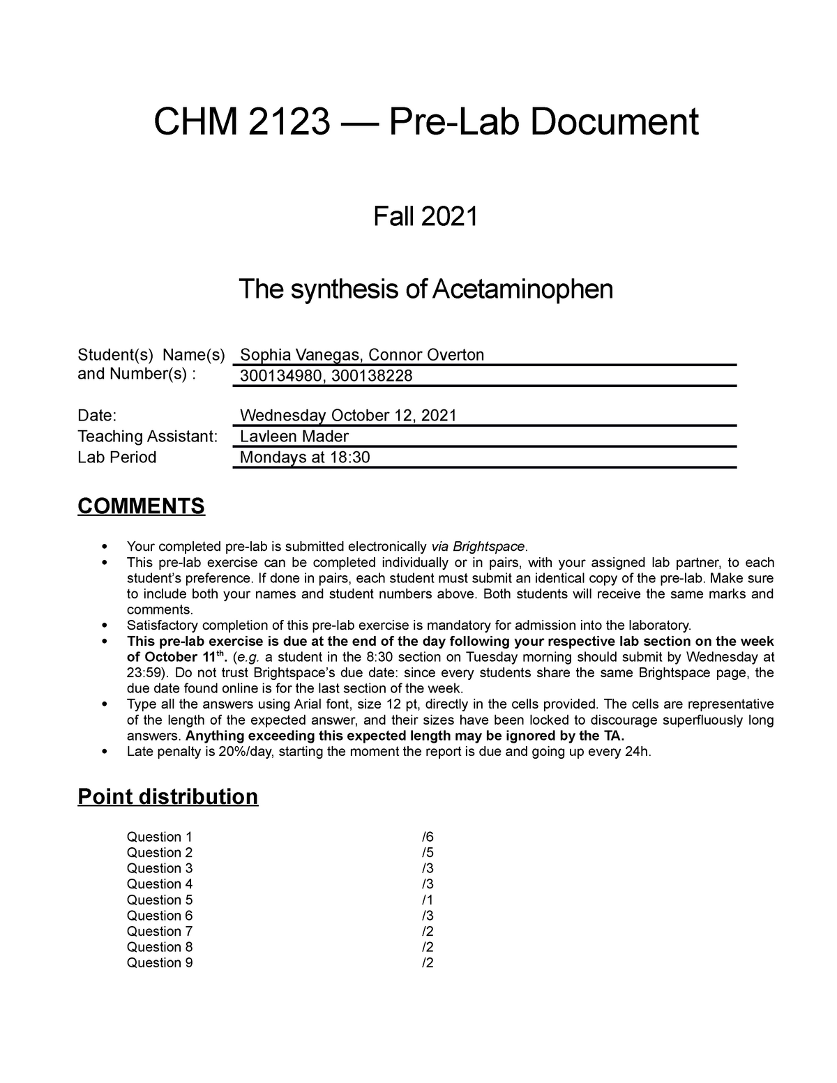 CHM2123 2021 Acetaminophen Prelab Connor Sophia - CHM 2123 — Pre-Lab ...