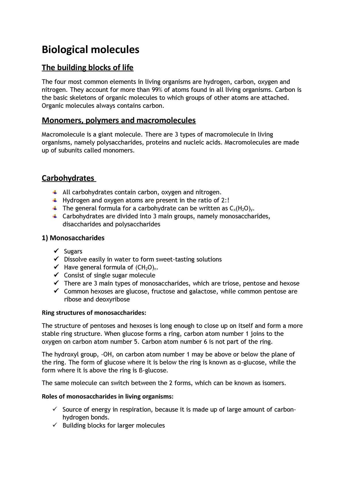 Biological Molecules - Lecture Note 2 - Biological Molecules The ...