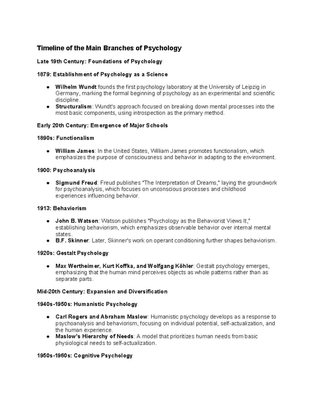 Timeline of the Main Branches of Psychology - Structuralism: Wundt's ...