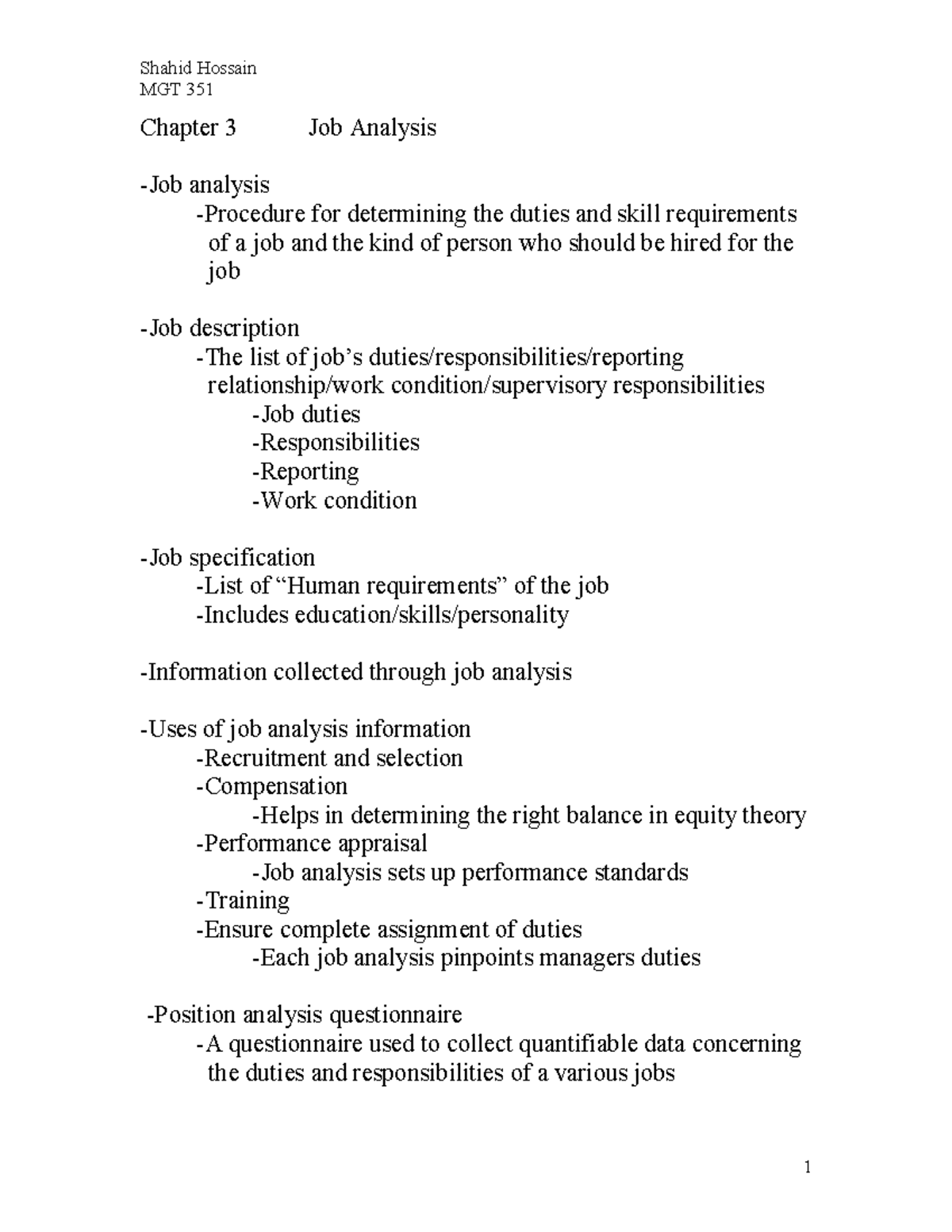 Chapter 3 job analysis - MGT 351 Chapter 3 Job Analysis Job analysis ...