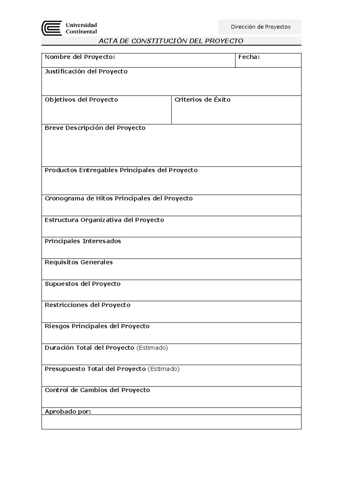 Plantilla Acta de Constitucion del Proyecto Formato 1 - Dirección de ...