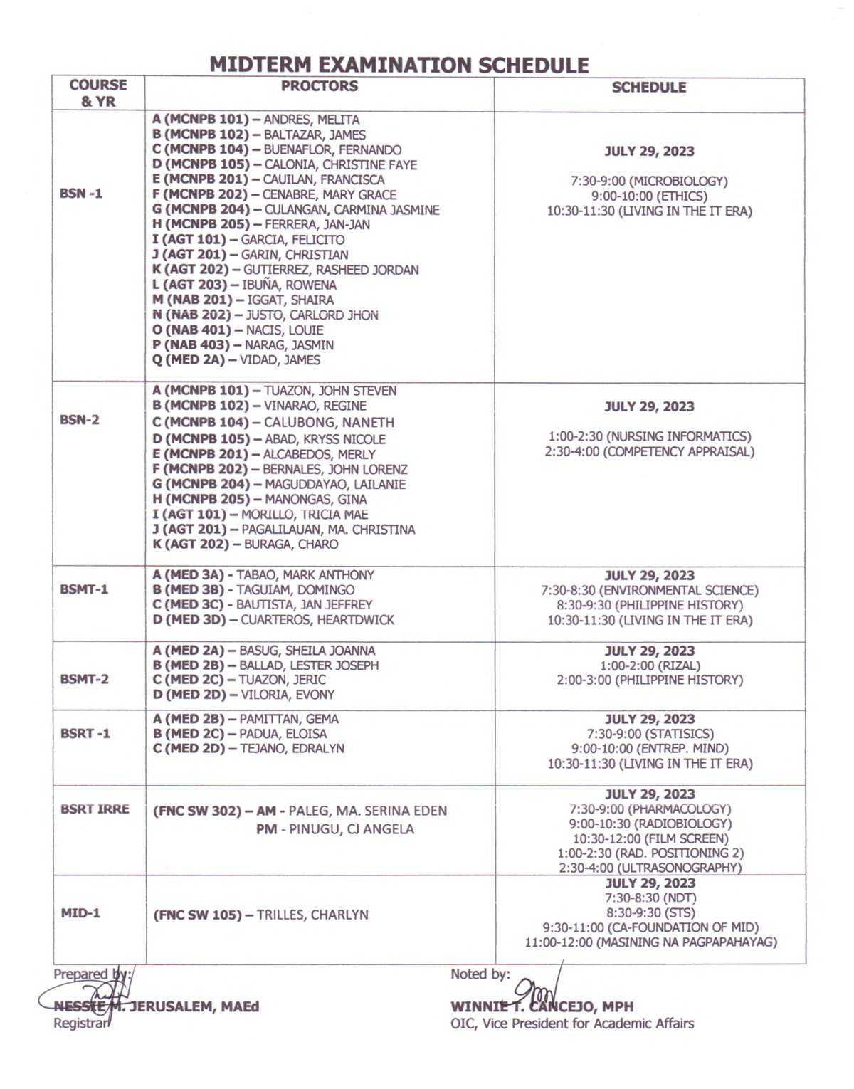 Inbound 9181394209490671326 COURSE & Y R PROCTORS SCHEDULE BSN A