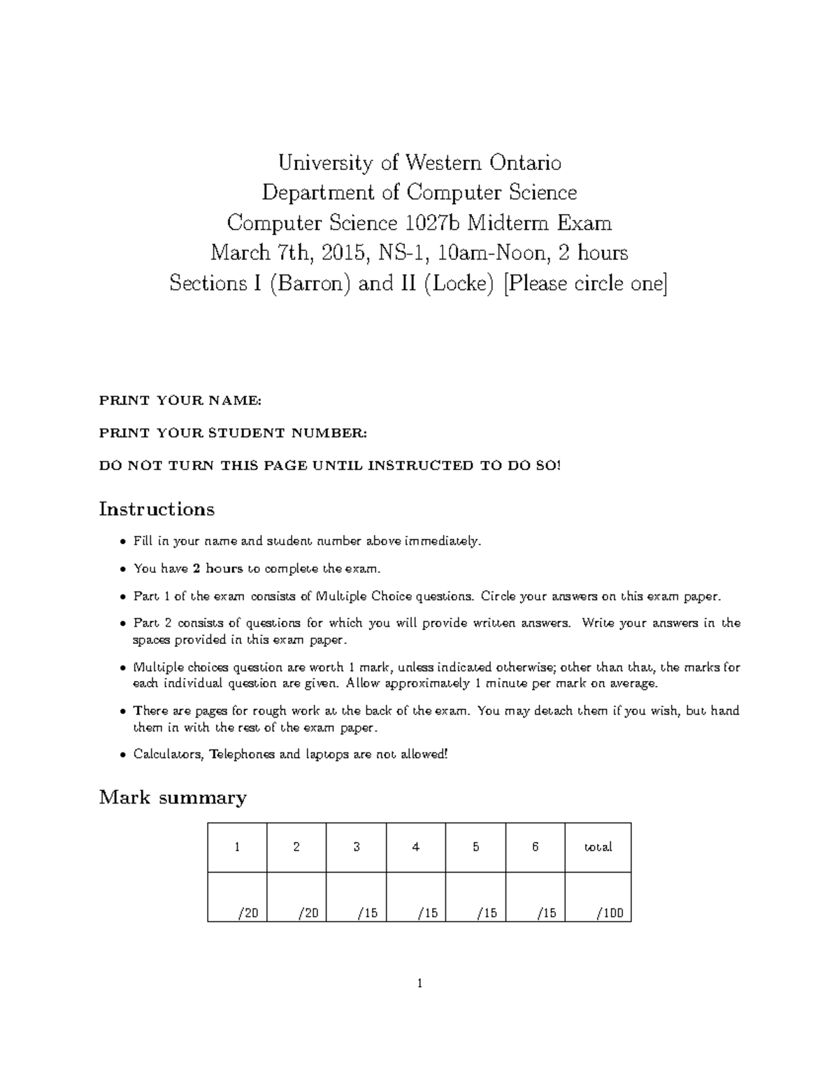 Exam 7 March 2015, questions and answers - Midterm - University of ...