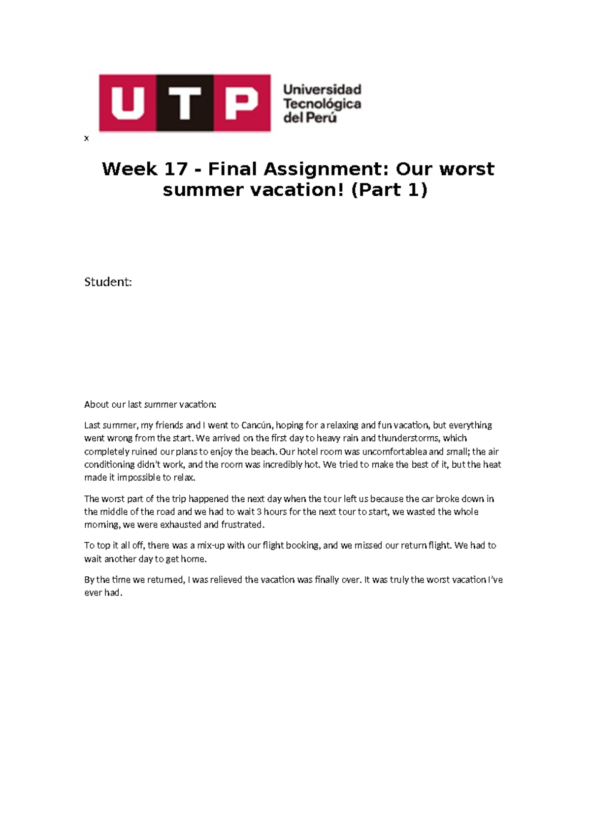 Week 17 docx - copia - TA final parte I - x Week 17 - Final Assignment ...