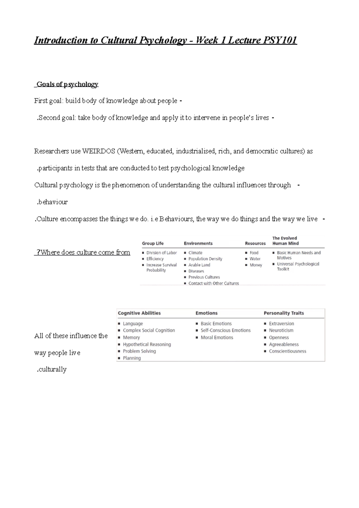 PSY101 - Lecture 1 - THESE NOTES HELPED! - Introduction to Cultural ...