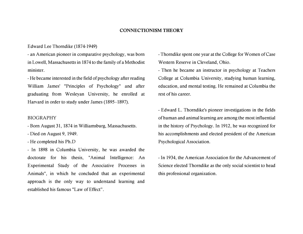 Connectionism Theory - CONNECTIONISM THEORY Edward Lee Thorndike (1874 ...