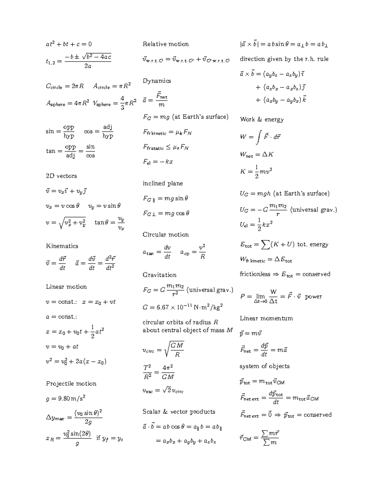 Phy 125 Formula Sheet - At 2 + Bt + C = 0 T 1 , 2 = −b ± √b 2 − 4 Ac 2 