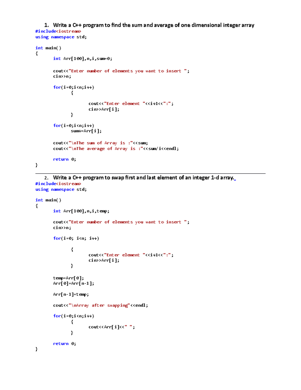 Array Practice Programs - 1. Write a C++ program to ind the sum and ...