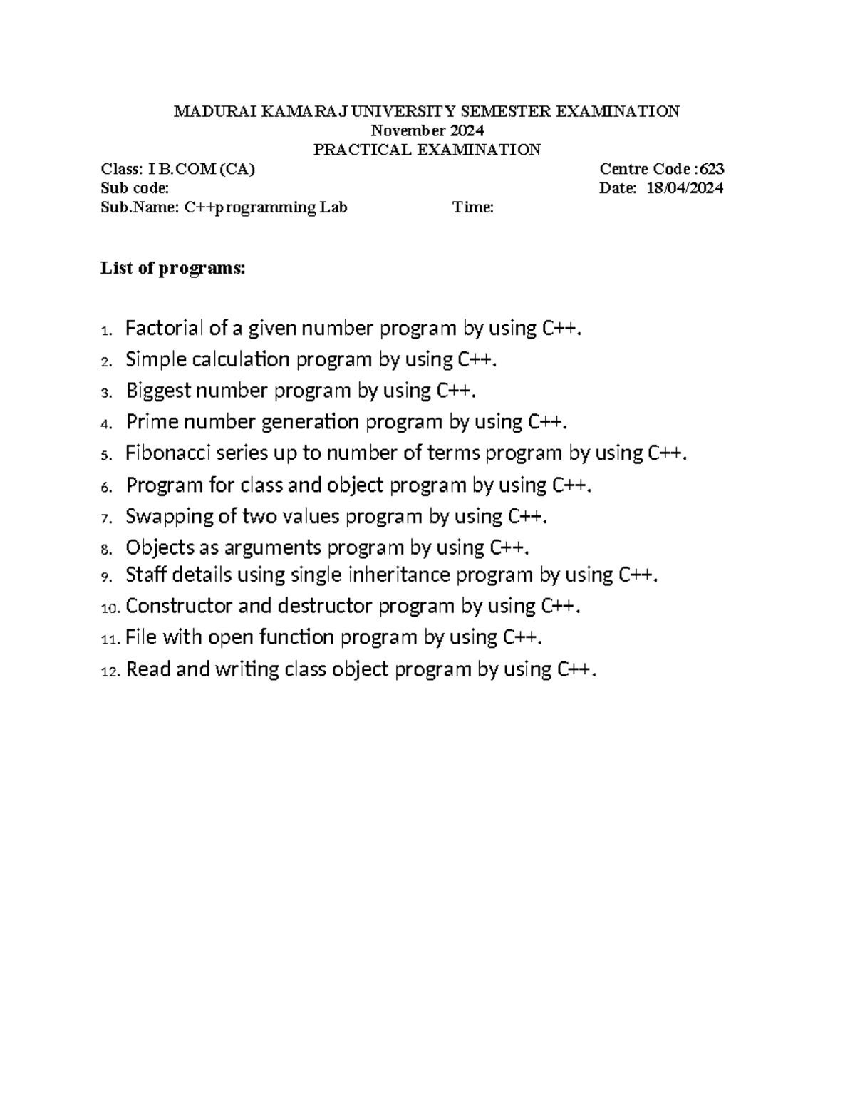 C++ program list - record manual - MADURAI KAMARAJ UNIVERSITY SEMESTER ...