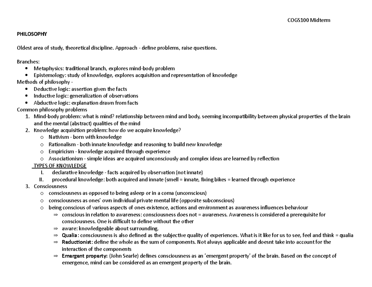 Cogs midterm notes (lectures and readings) - PHILOSOPHY Oldest area of ...