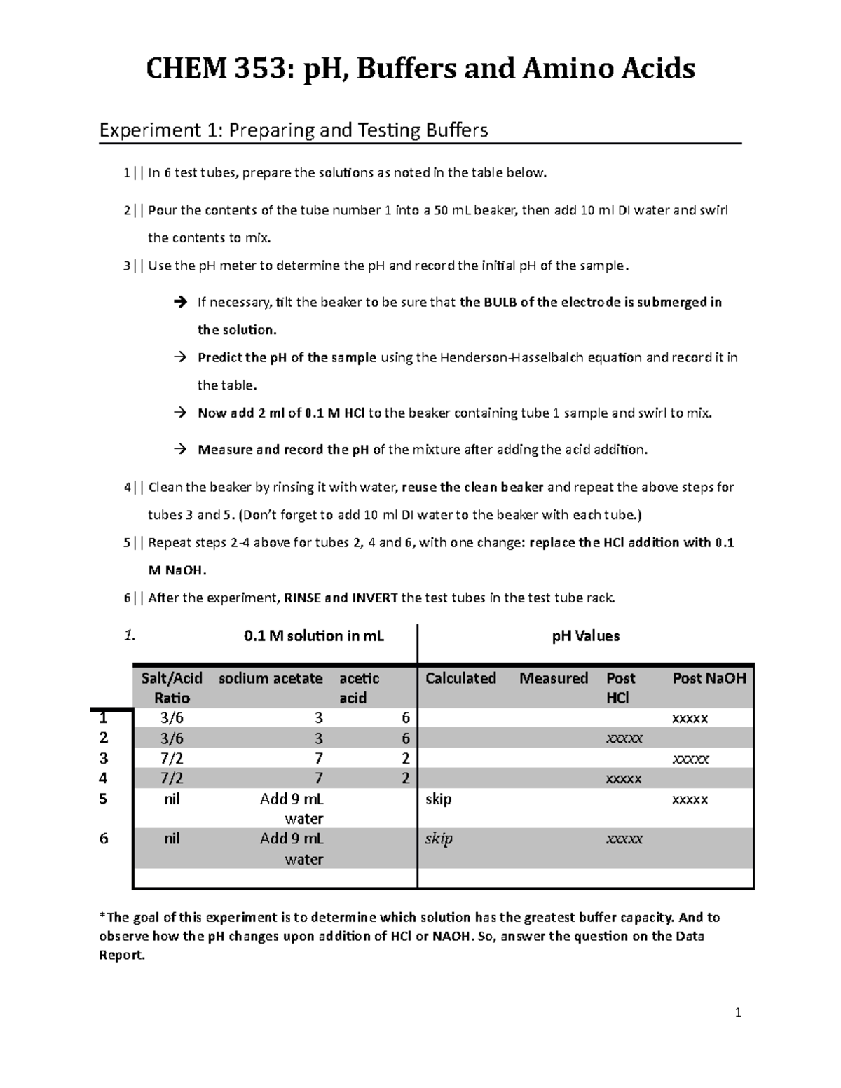 Protocol - p H and Buffers - CHEM 353: pH, Buffers and Amino Acids ...
