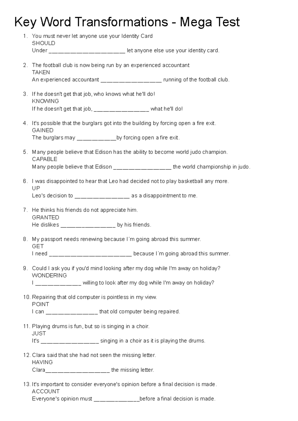 Key word transformations mega test Key Word Transformations Mega