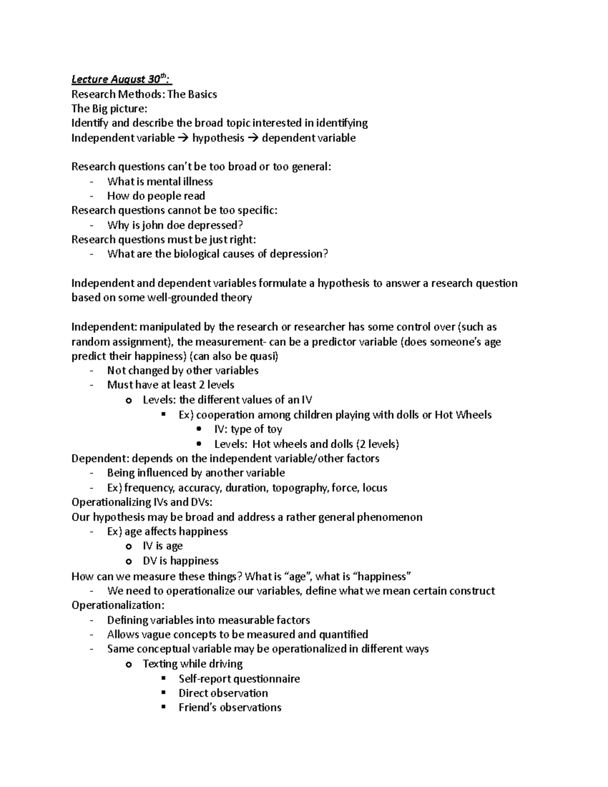 Research methods lab notes - Lecture August 30th: Research Methods: The ...