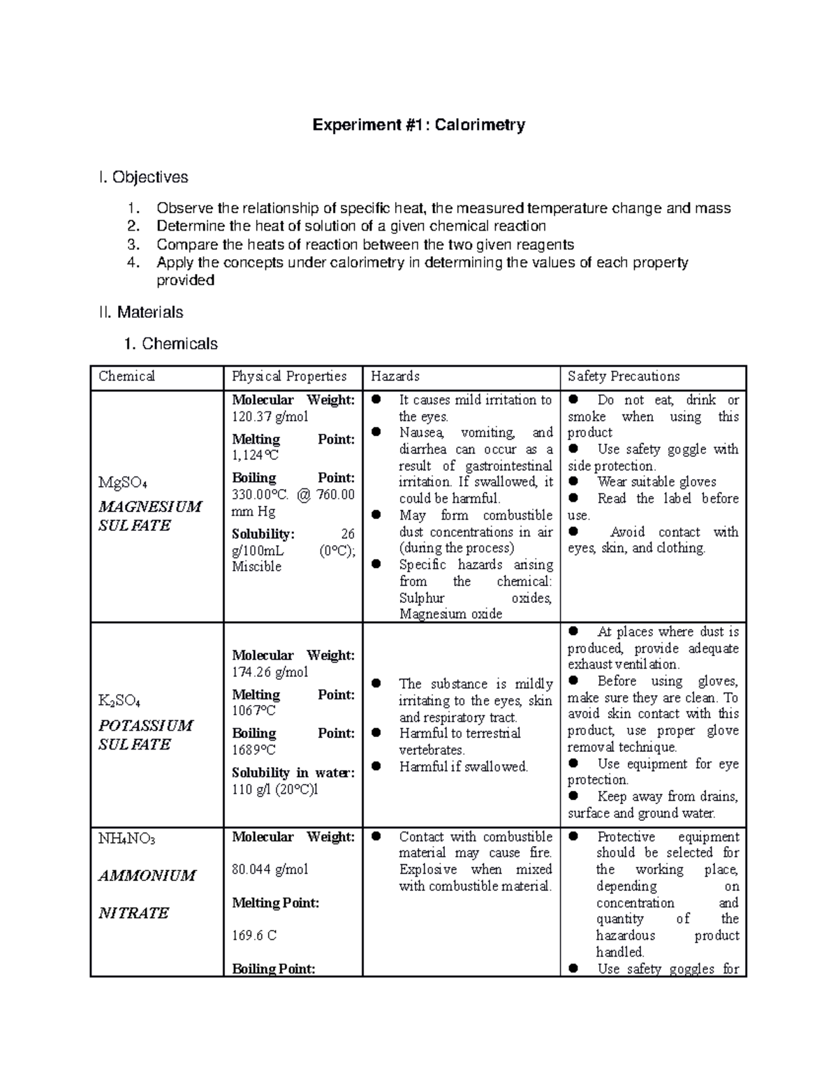 Calorimetry Experiment Chemistry Experiment 1 Calorimetry I