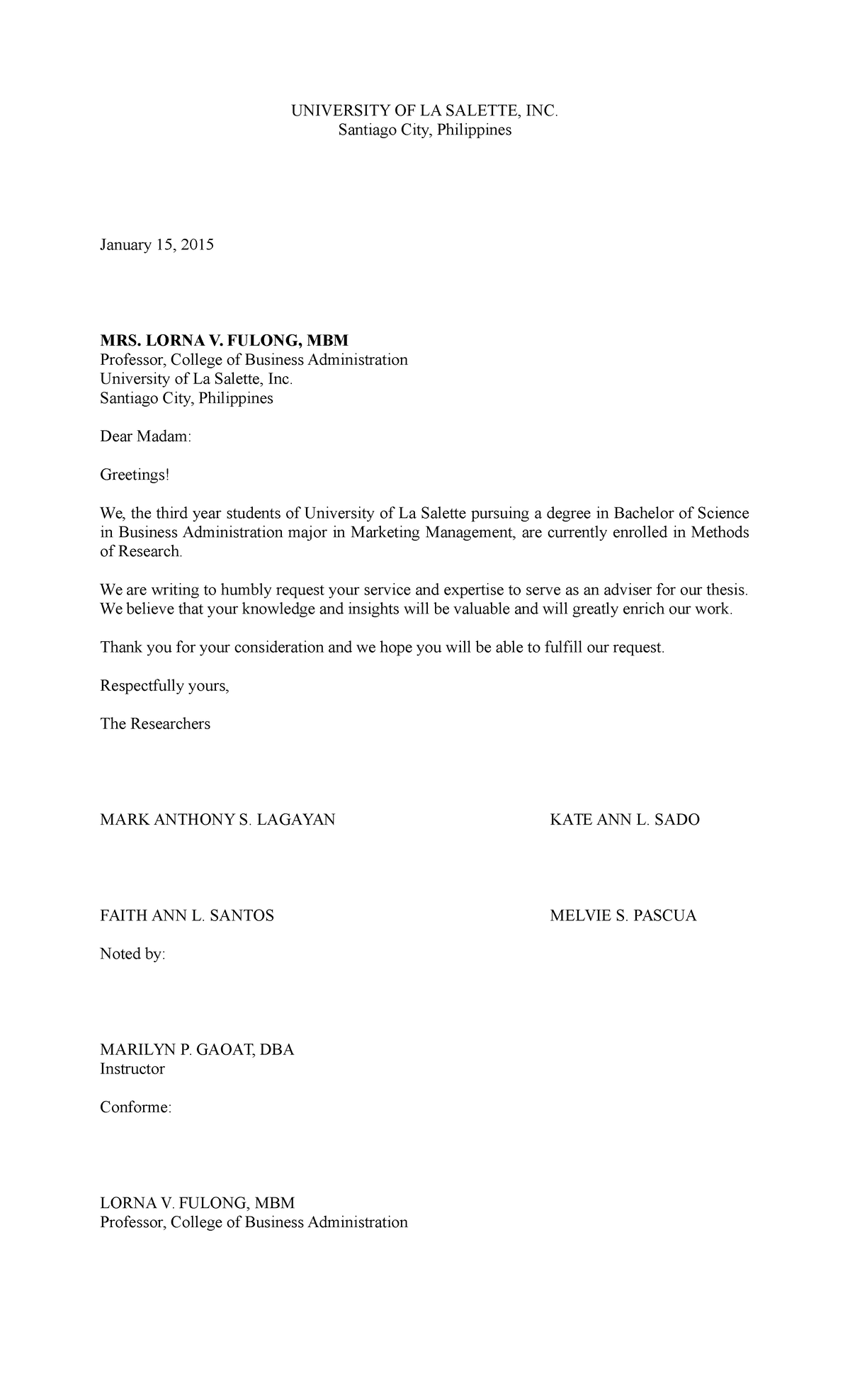 Pdfcoffee - request letter for thesis adviser - UNIVERSITY OF LA ...