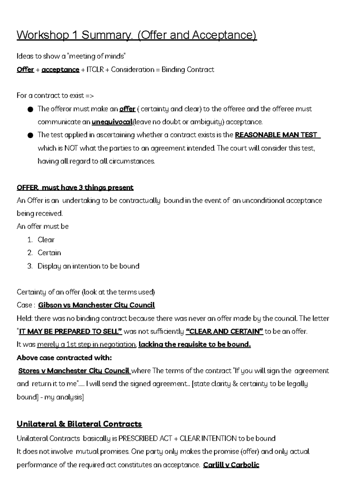Legal - Workshop Notes - Workshop 1 Summary. (Offer and Acceptance ...