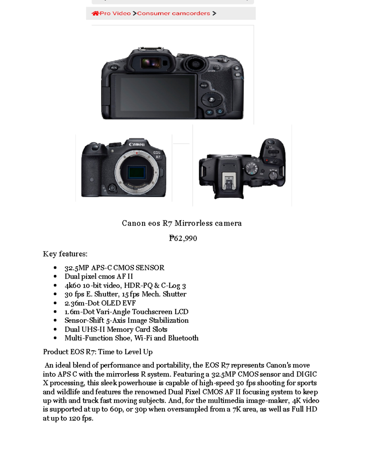 Canon eos R7 Mirrorless camera - Shutter, 15 fps Mech. Shutter 2-Dot ...