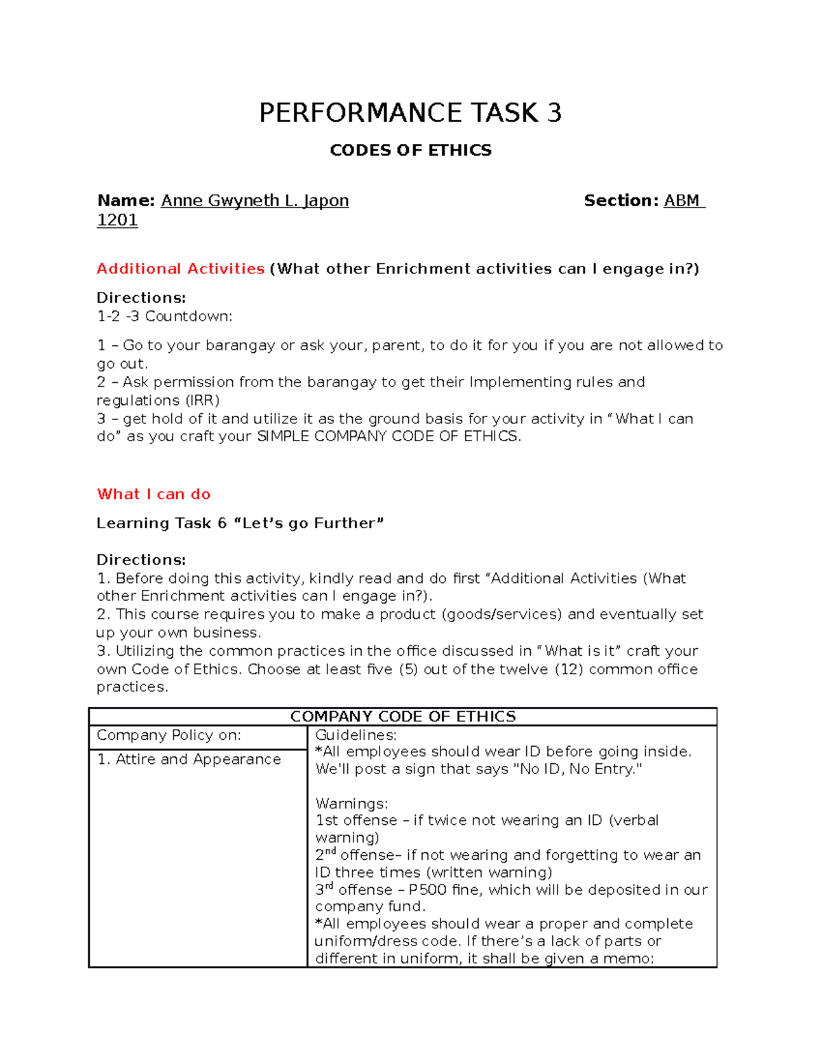 Japon-PT 3 - Codes OF Ethics - PERFORMANCE TASK 3 CODES OF ETHICS Name ...