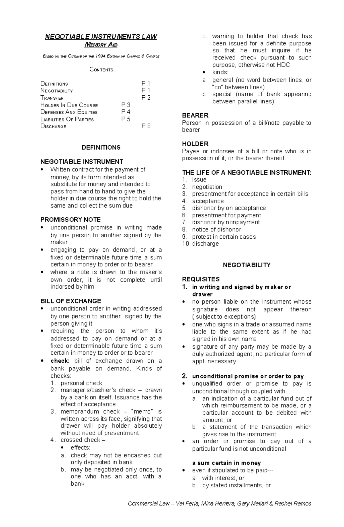 Nego Mem Aid (1994) - Negotiable Instruments Law - Memory Aid ...
