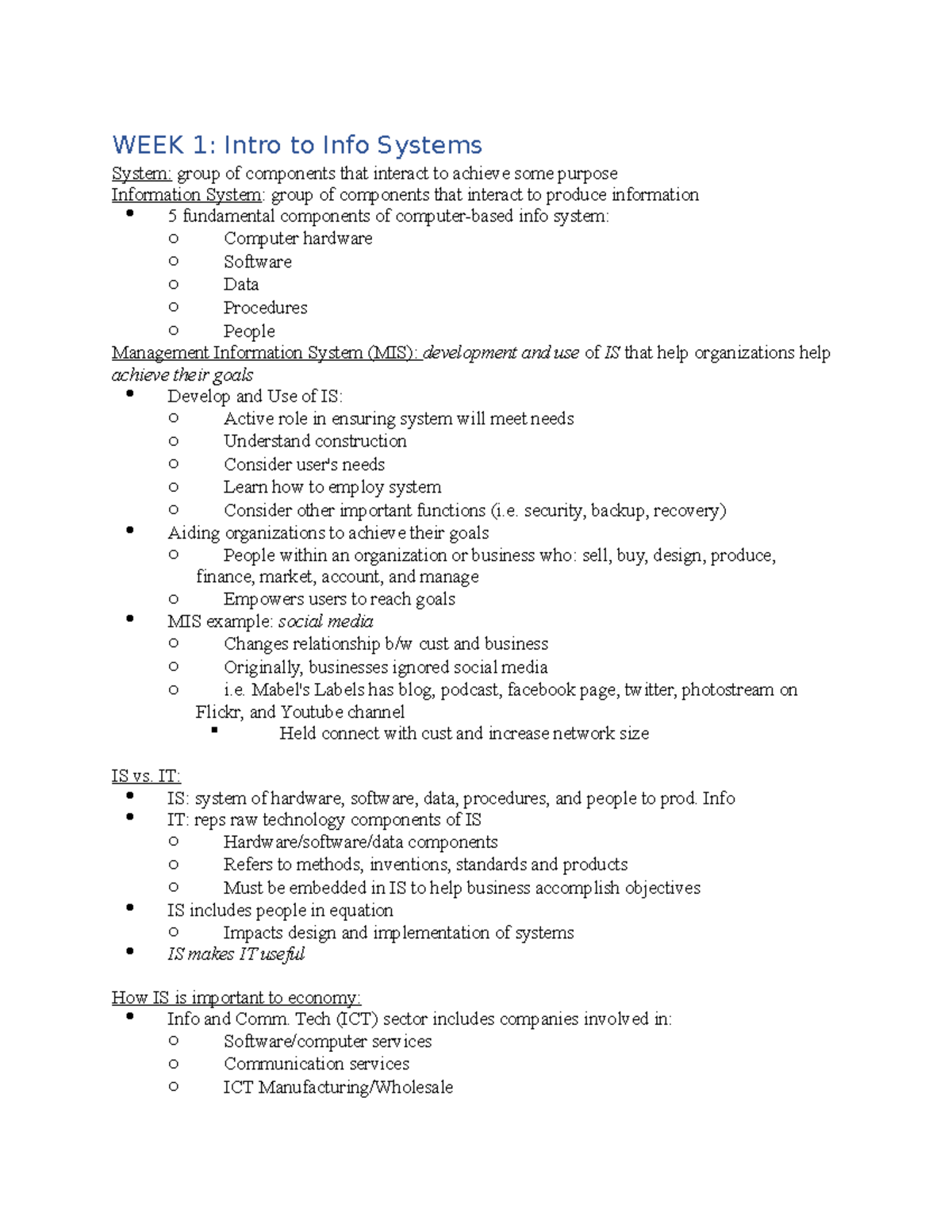 Notes from Online Section - WEEK 1: Intro to Info Systems System: group ...