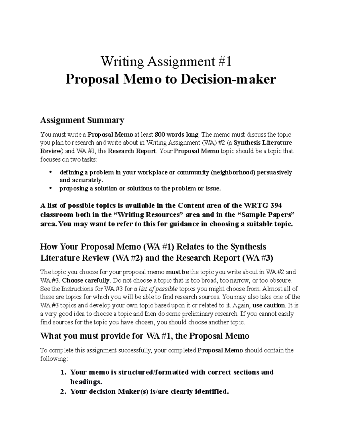 writing assignment #1 proposal memo to decision maker