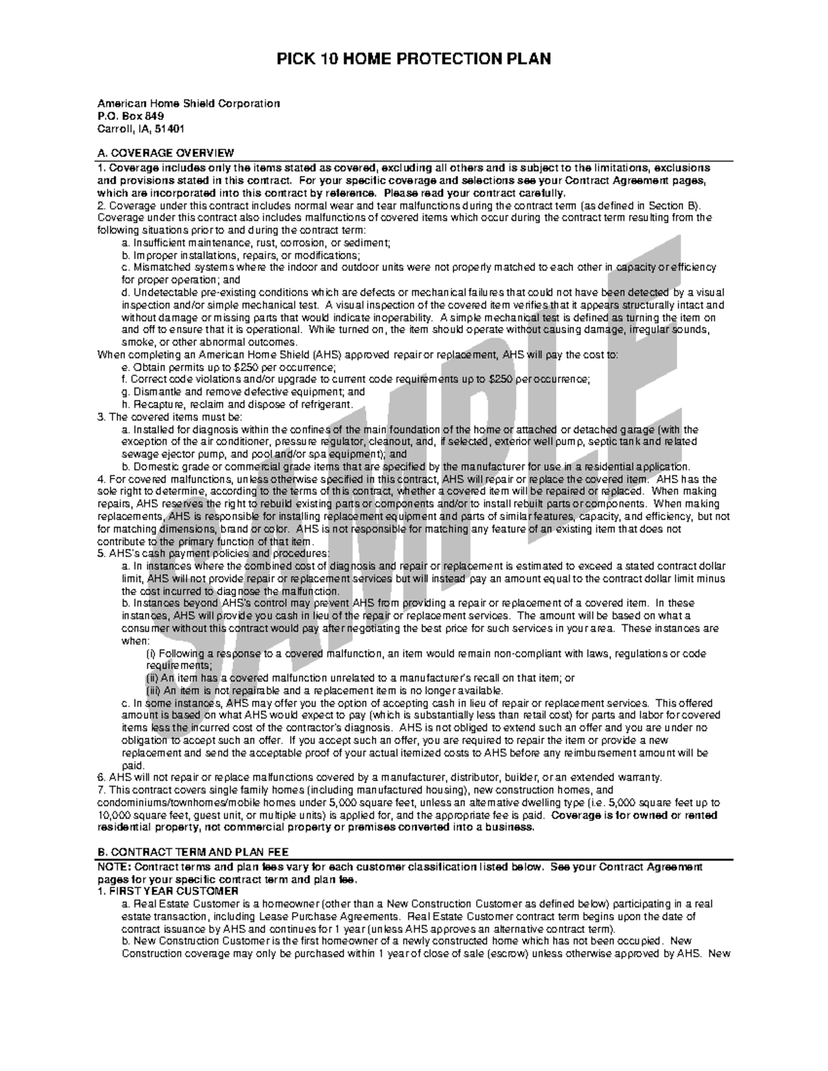 AHS Pick 10 American Home Shield Corporation P. Box 849 Carroll, IA