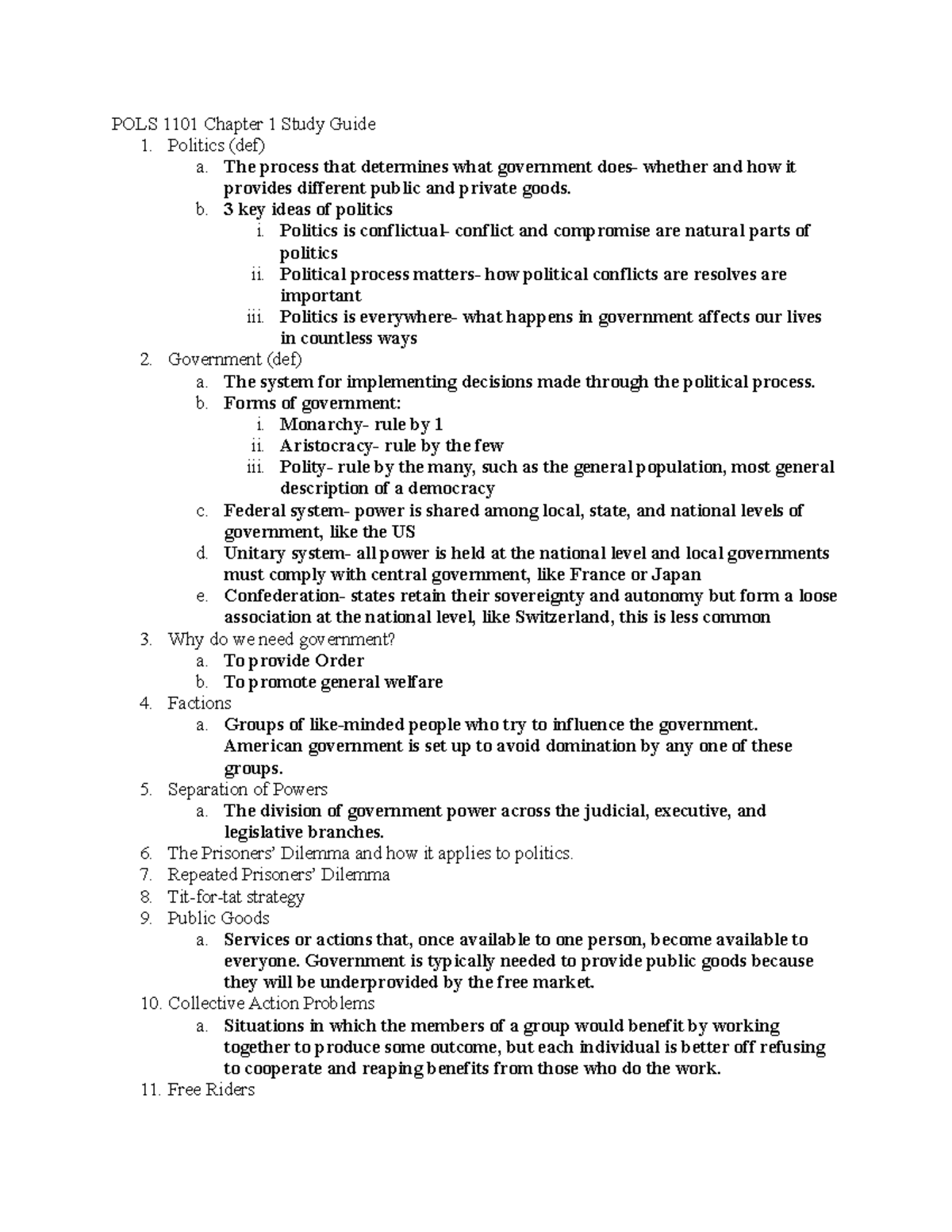 POLS 1101 Test 1 Study Guide - POLS 1101 Chapter 1 Study Guide 1 ...