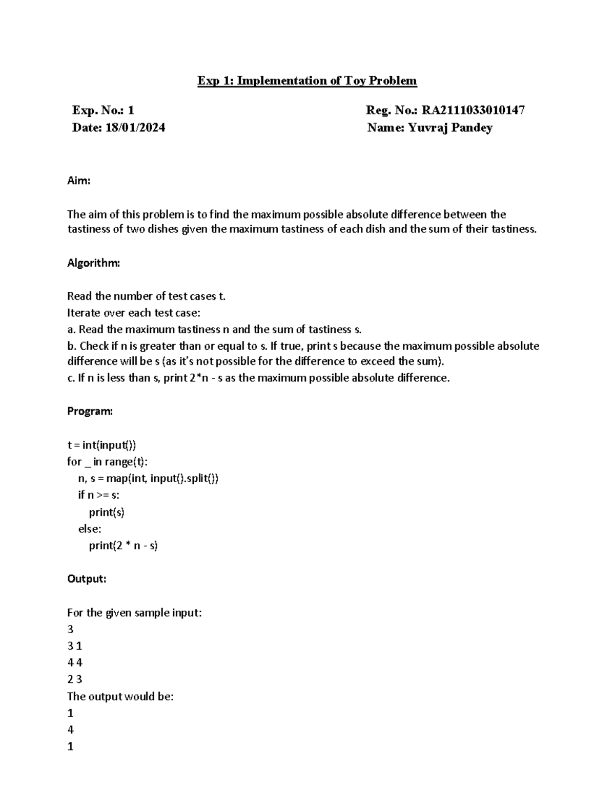 AI LAB Exp 1 ALL Practical Material. Exp 1 Implementation of Toy