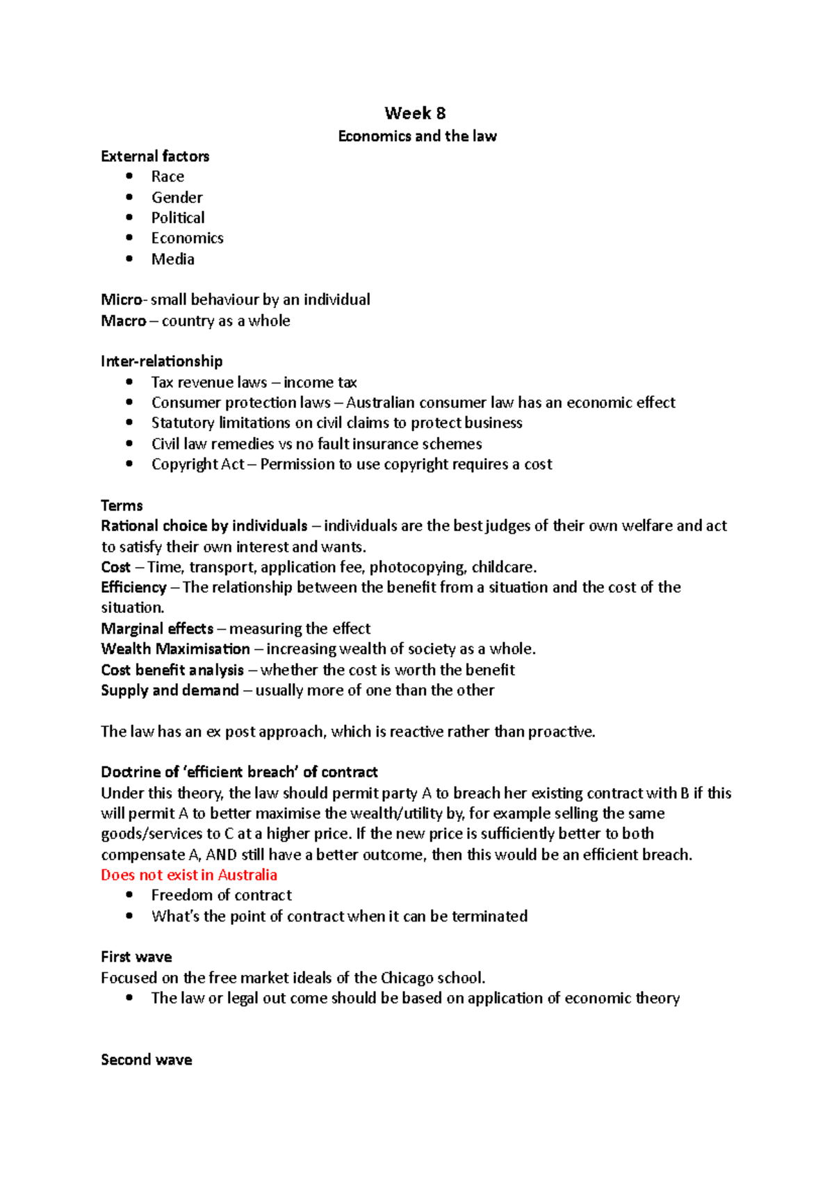 Week 8 - Lecture notes - Week 8 Economics and the law External factors ...