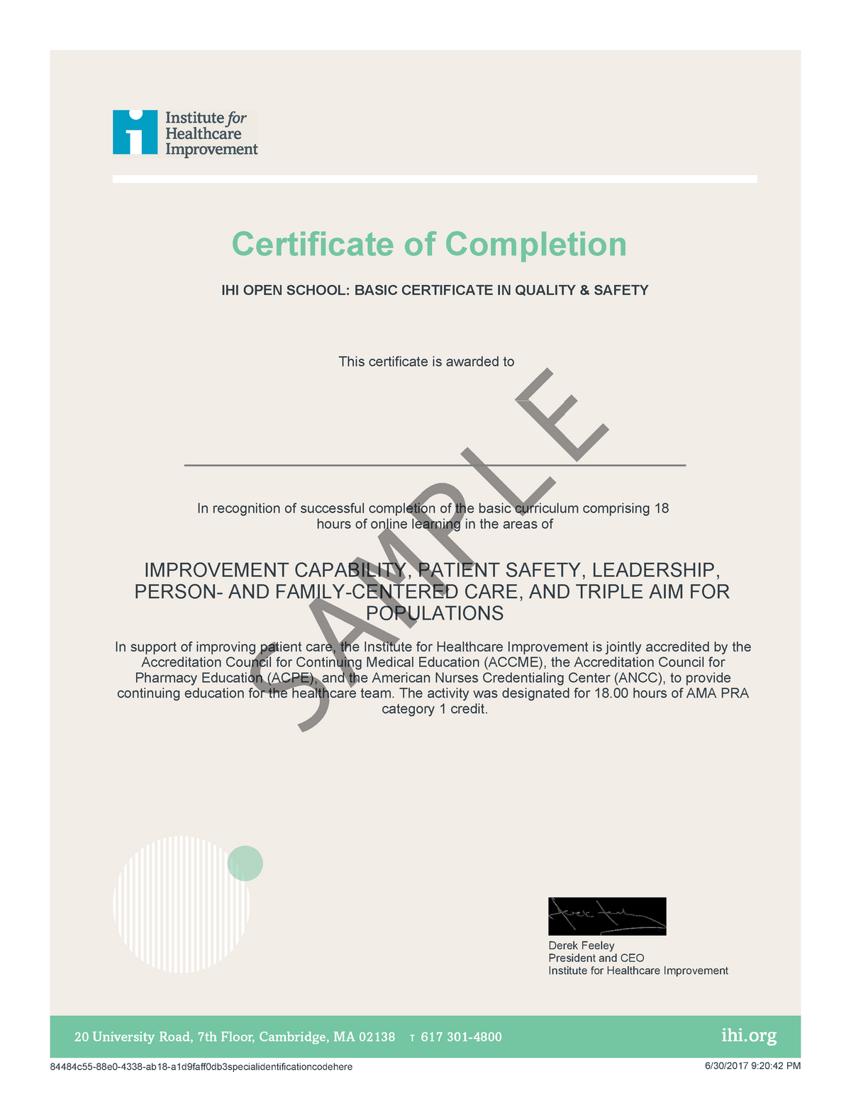 Updated Sample IHI Certificate of Completion Certificate of