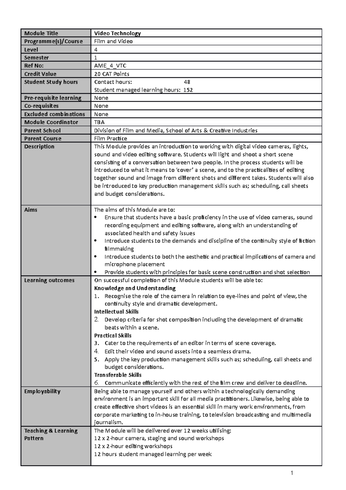 Video Technology Module Statement - Module Title Video Technology ...