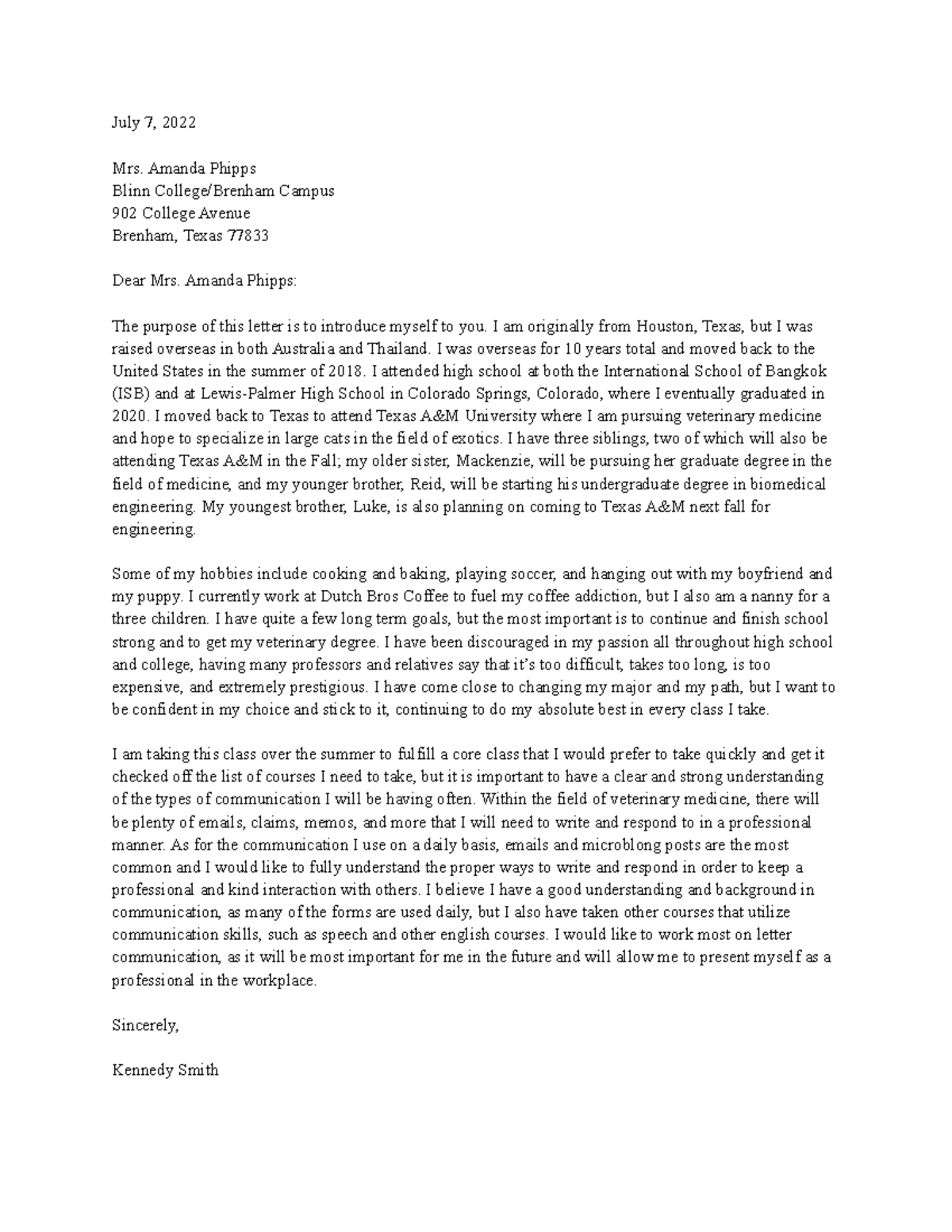 Letter of Introduction - Kennedy Smith - July 7, 2022 Mrs. Amanda ...