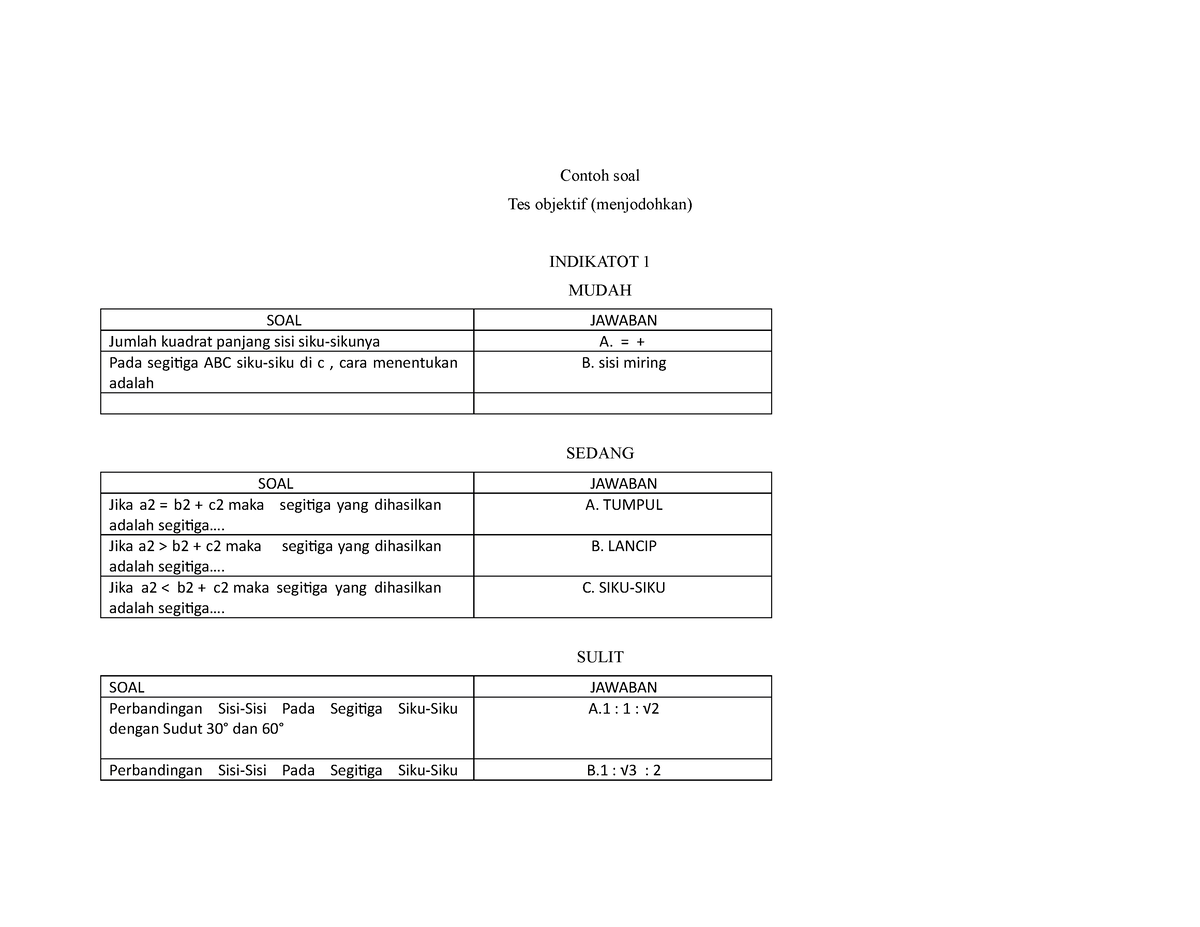 Soal Menjodohkan 2 Contoh Soal Tes Objektif Menjodohkan Indikatot 1