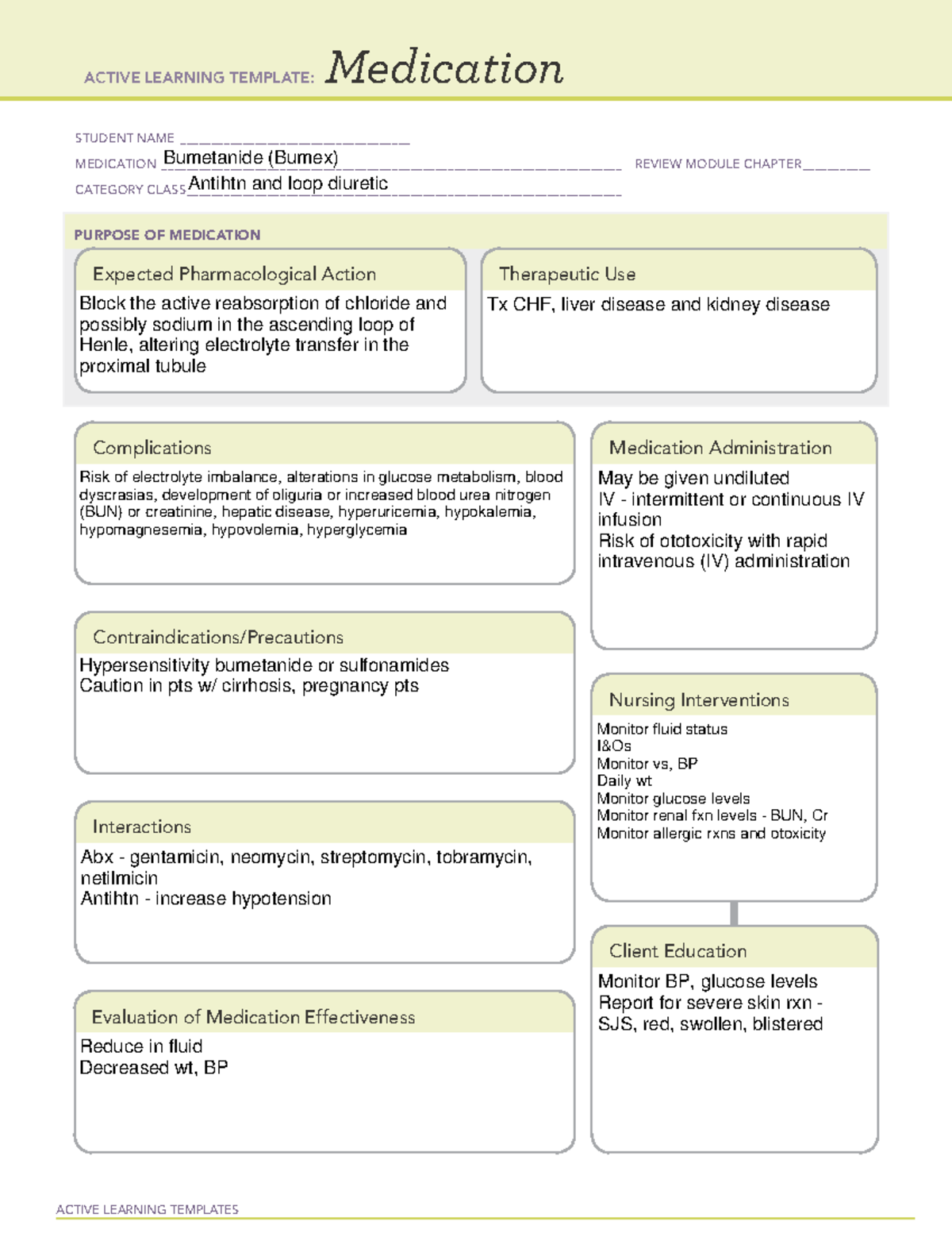 bumetanide ATI Med Card - ACTIVE LEARNING TEMPLATES Medication STUDENT ...