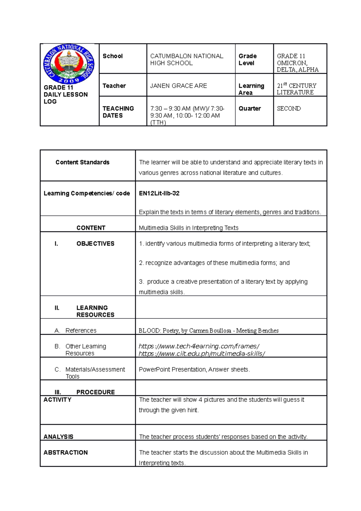 Grade 11 Lesson 4 - GRADE 11 DAILY LESSON LOG School CATUMBALON ...