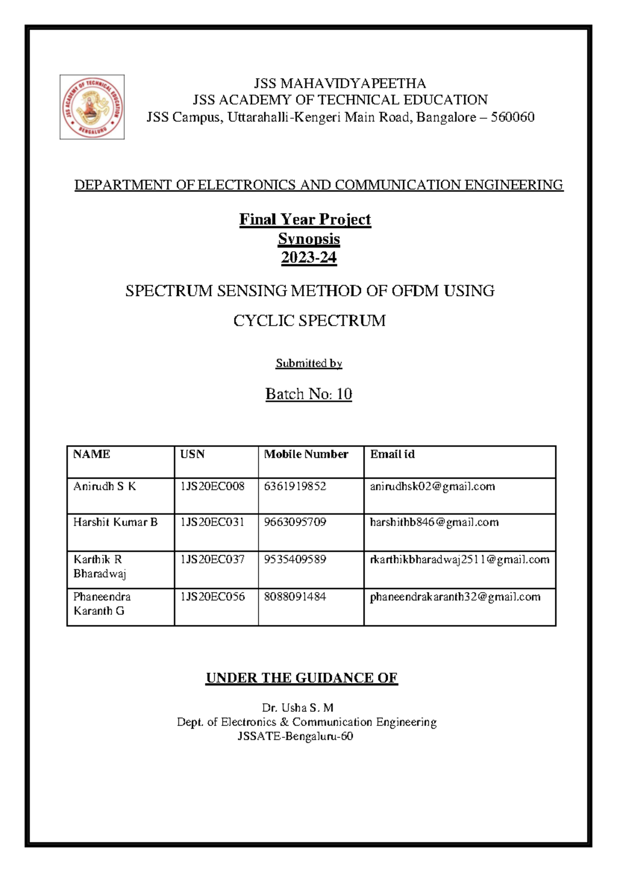 Project synopsis team10 - JSS MAHAVIDYAPEETHA JSS ACADEMY OF TECHNICAL ...