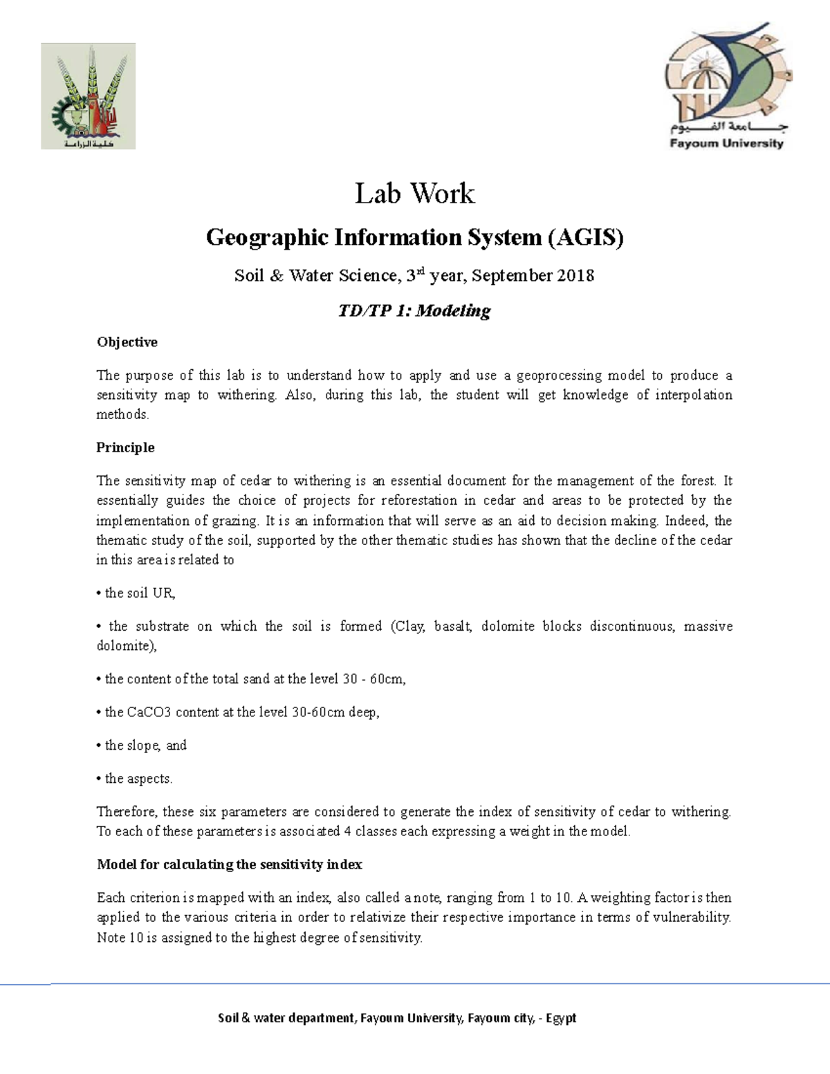 LAB Work 1 ArcGIS - Lab Work Geographic Information System (AGIS) Soil ...