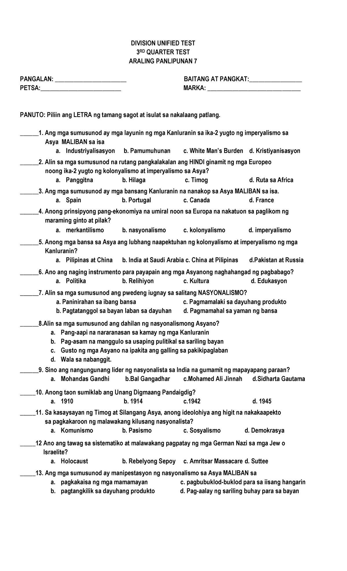 AP Grade 7 Test Paper - OKAY - DIVISION UNIFIED TEST 3 RD QUARTER TEST ...