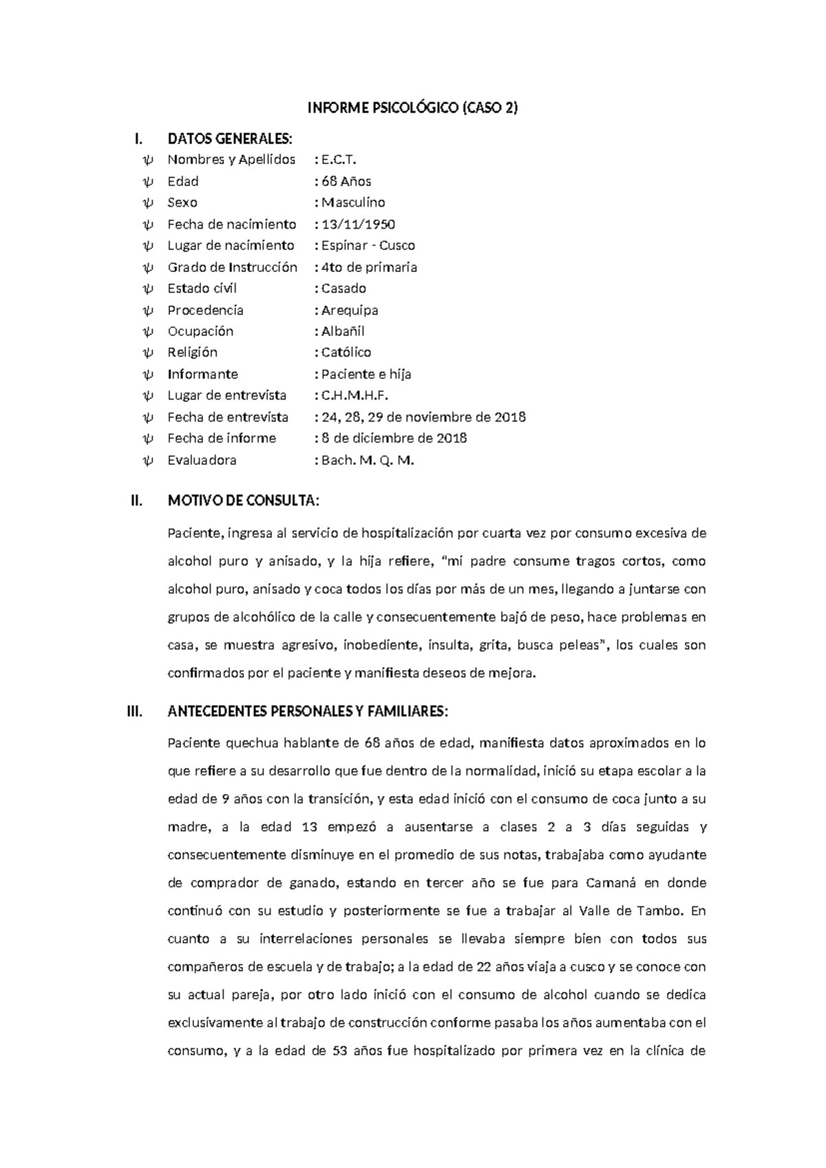 Modelo 2 Corregir - infomes - INFORME PSICOLÓGICO (CASO 2) I. DATOS ...
